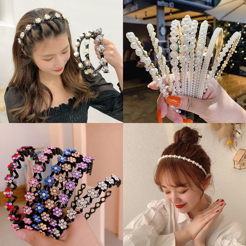 

Fashion Pearl Non-Slip Rhinestone Hairbands Elastic Flower Women Hair Hoop Bands Headband Bezel Girls Hair Accessories Headdress