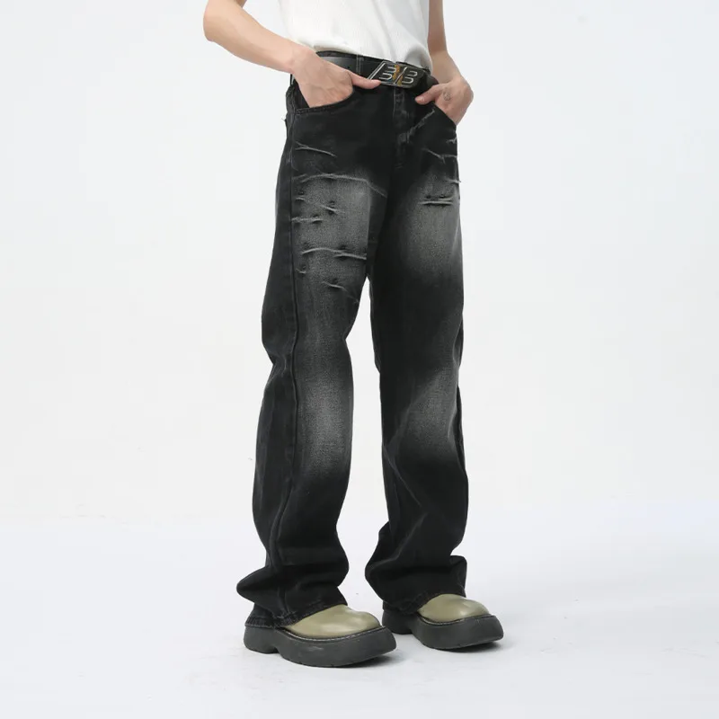 Мужские джинсы на молнии свободные прямые с эффектом потертости в американском