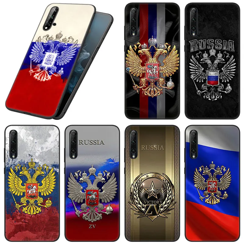 Черный чехол с эмблемой российского флага для телефона Huawei Honor X7 X8 X9 5G 30i 20S 20E 10i 7S 8A