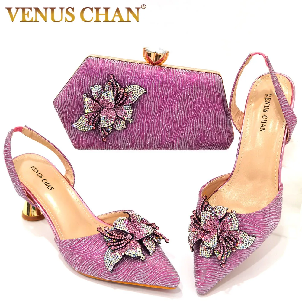 The latest INS style Colorful Bow All-match Pointed Rhinestone Stiletto High Heels Royal Pink Color Women's Shoes And Bags