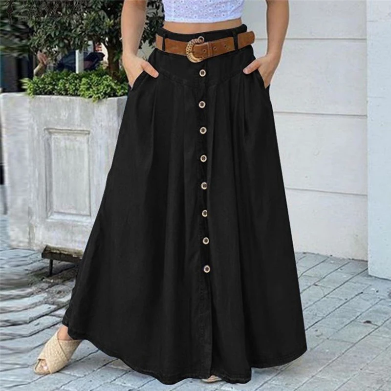 

Fashion Women A-linen Maxi Skirt Button Down Plus Size Skirt Dress S-5XL