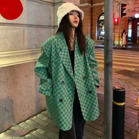 green womens plaid suit jacket office lady long sleeve top autumn winter coat korean fashion designer loose lapel jacket new za