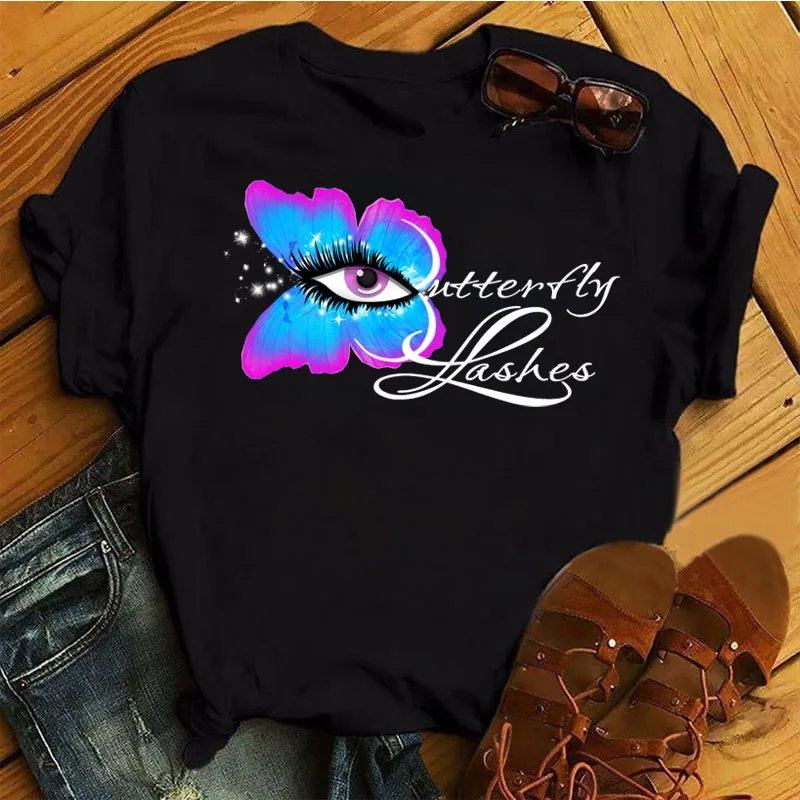 

Fashion Women T Shirt Butterfly Lashes Printed T Shirt Female New Cute Graphic Tee Tshirt Women Short Sleeve O-neck Tops T-shirt