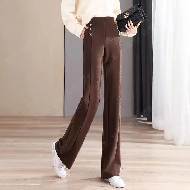 

Women 2023 Autumn Winter New Fashion Woolen Wide-leg Pants Female High Waist Casual Pants Ladies Loose Straight Trousers D108