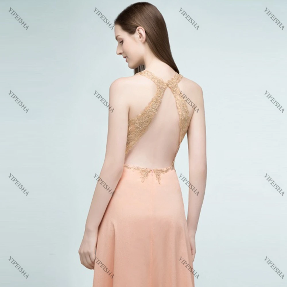 

2022 Pink Prom Dresses A-Line Floor-Length V-Neck Sleeveless Party Gowns Exquisite Appliques Chiffon Evening Dress Vestidos