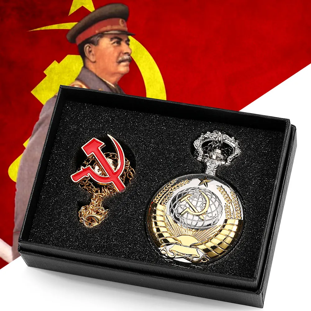 CCCP Quartz Pocket Watch for Men Ussr Badge Sickle and Hammer Pendant Necklace Luxury Gift Set for Male Memorial Collectibles