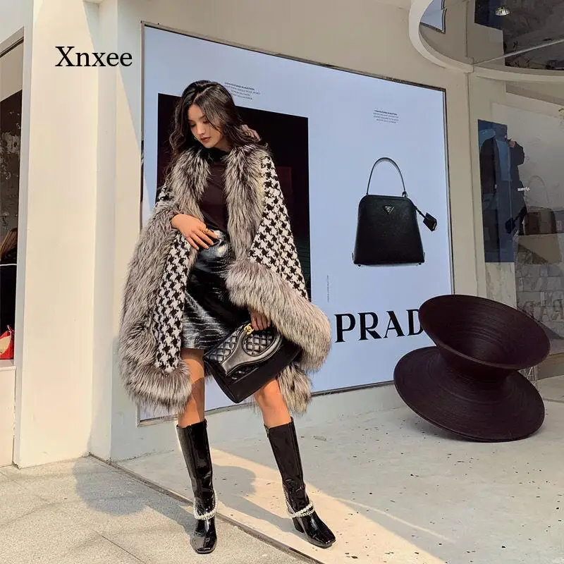 Женское шерстяное пончо теплое модное вязаное пальто с рисунком гусиная лапка и