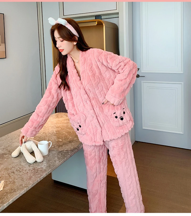 Girl's Winter Warm V-Neck Button Type Two Piece  Home Suit With Pockets Polyester Comfortable Slim Fit Sleepwear