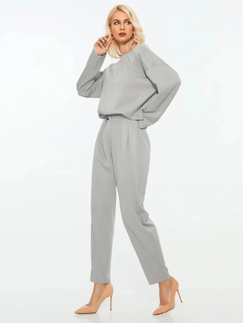 Женский однотонный комплект брюк с круглым вырезом и длинными рукавами пуловеры