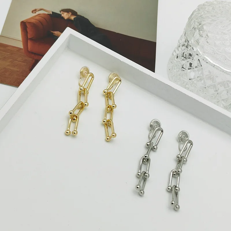 

Korean Earrings Punk Long Chain Mosquito Coil Clip on Earrings No Pierced for Women's Statement Metal Tassel Cuff Fake Earring