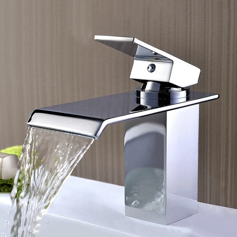 

Square Bathroom Basin Faucet Copper Waterfall Sink Tap Wide Spout Vessel Sink Tap Cold Hot Water Mixer Tap Crane Single Handle