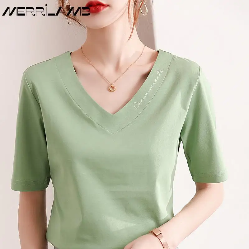 

2022 New V-Neck Tees Summer Mercerized Cotton T-Shirts Women's Fashion Embroidery Tops Short-Sleeved TShirt Solid Color Clothes