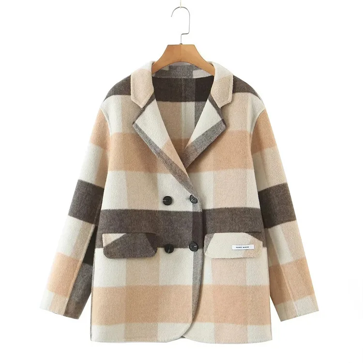 

Fashionable Plaid Loose Woolen Coat Autumn and Winter New Women's Clothing Is Thin and Lapel Double-breasted Casual Coat