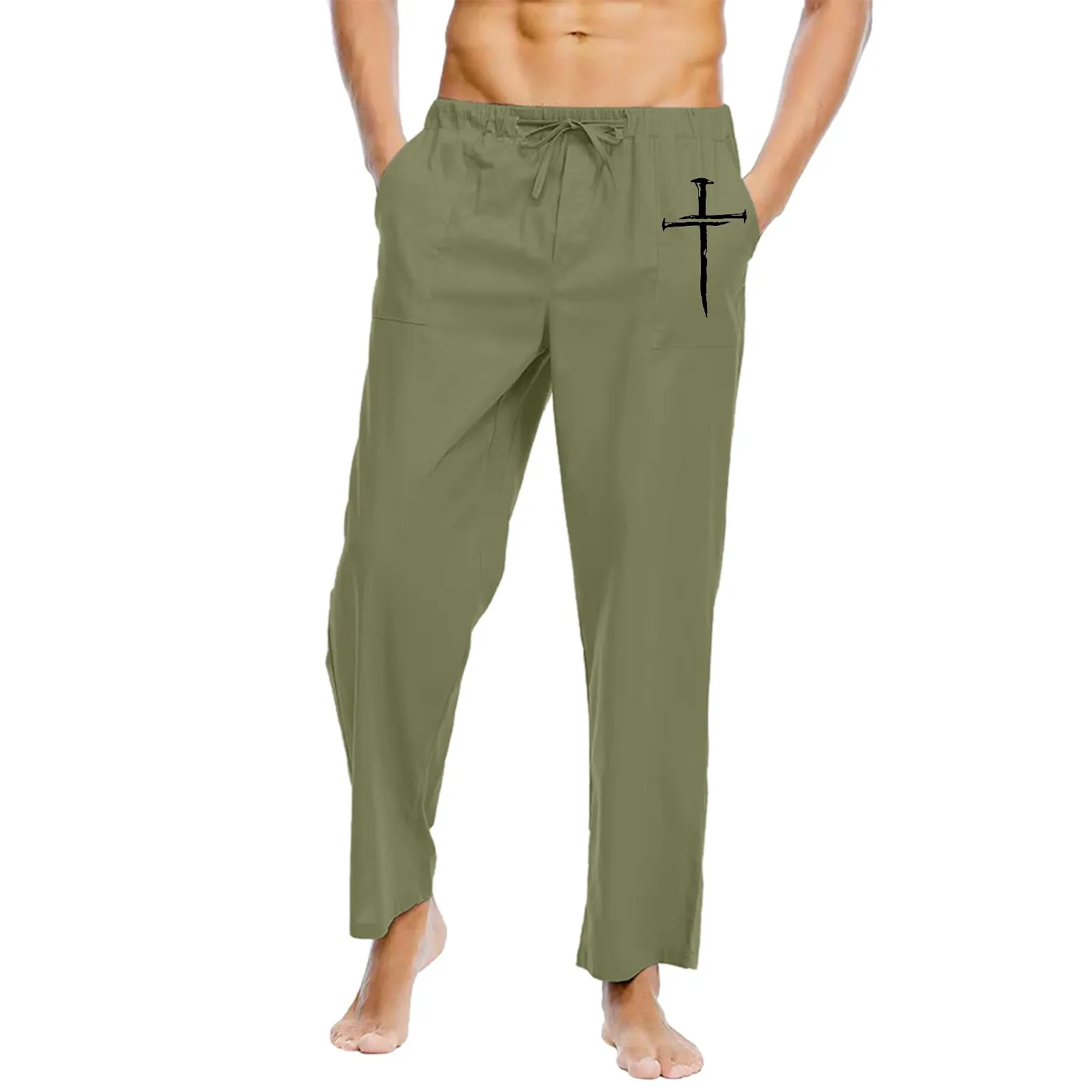 

Men All Season Fit Pant Casual All Solid Color Cross Painting Cotton Linen Loose Mens Pants Bunny Socks