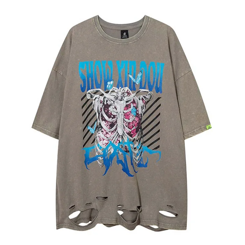 

Summer Hip Hop Skull Printed T-shirt Harakuju Ripped Washed Top Tees For Male Oversized