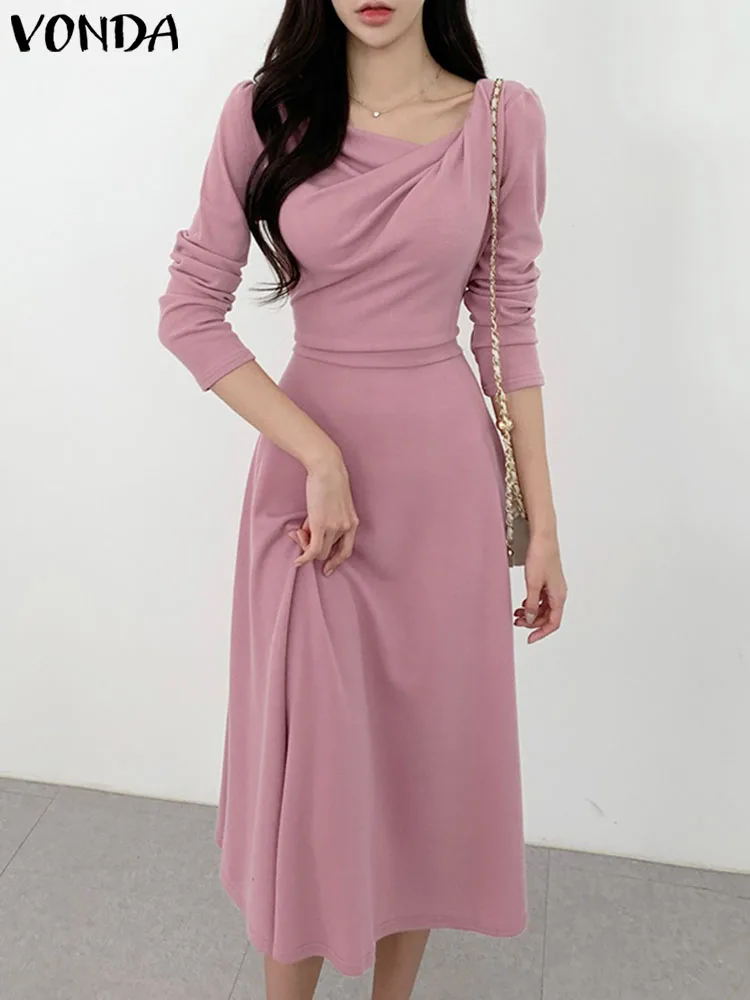 

Элегантное однотонное платье-рубашка VONDA 2023 Летнее Длинное платье с оборками женский сексуальный Повседневный плиссированный сарафан с квадратным воротником
