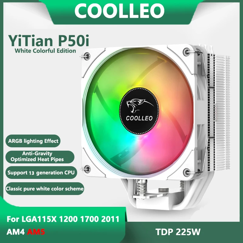 

Кулер COOLLEO P50i с 5 тепловыми трубками, кулер для процессора, компьютера, радиатор, 4 контакта, ШИМ, тихий вентилятор охлаждения для Intel LGA1700 1200 2011 115X AM4 AM5
