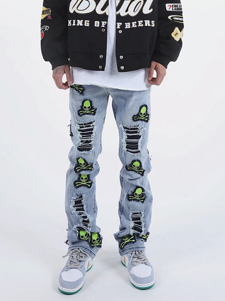 Four Seasons Men's Retro High Street Trend Embroidered Men Blue Jeans Straight Slim Fit Unisex Trousers Streetwear Ins Hot Sale