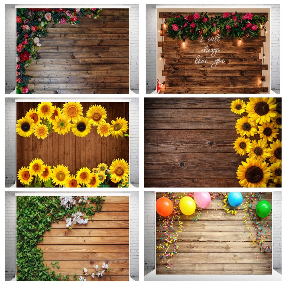 

Rustic Wood Flower Backdrop for Photography Brown Wooden Background Baby Shower Birthday Party Banner Kids Portrait Photo Shoot