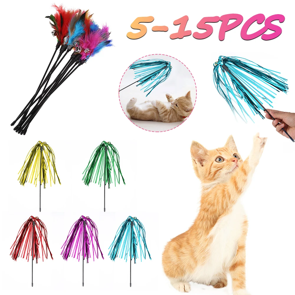 5pcs-15pcs Cat Toys Feather Wand Kitten Cat Teaser Turkey Feather Interactive Stick Toy Wire Chaser Wand Toy Random Color
