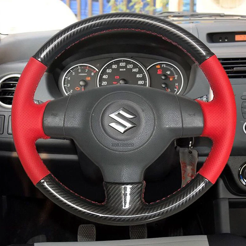 

Black carbon fibre red Leather Non-Slip Car Steering Wheel Cover For Suzuki Swift SX4 Alto 2008-2016 hand stitched Accessories