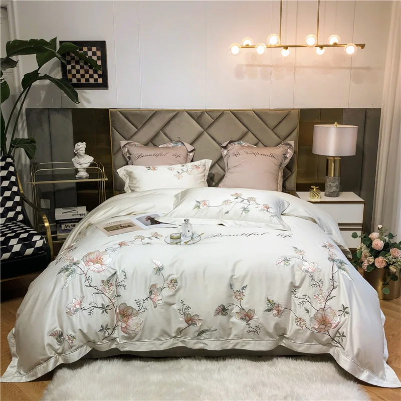 

New Luxury White Soft Cozy Egyptian Cotton Palace Bedding Set Bloom Flowers Embroidery Duvet Cover Flat/Fitted Sheet Pillowcases