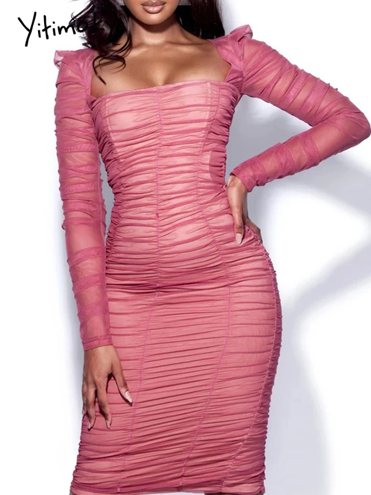

Draped Mesh Bandage Dress 2022 New Year Pink Bandage Dress Bodycon Women Autumn Winter Sexy Party Dress Evening Club Outfits