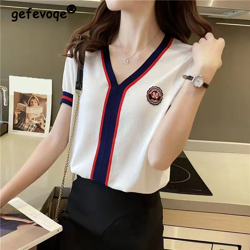 

Elegant Korean Fashion Women's Sweet V-neck Short Sleeve Loose Knit T-shirt Summer Casual Patchwork Chic Tee Top Female Clothing