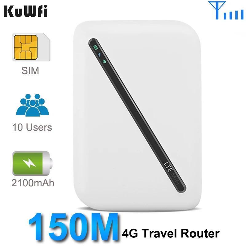 KuWFi 4g WiFi Router With Sim Card Slot 150Mbps Mobile WiFi Hotspot Device High Speed Wi-Fi Portable Router With 2100mAh Battery