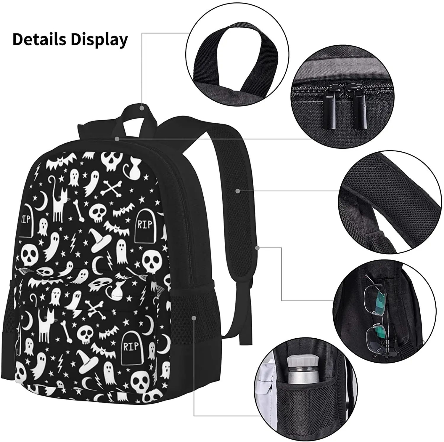 Spooky Halloween Black Backpack Set 3-Piece Teen Boys Girls Backpack Messenger Lunch Bag Pencil Case Set