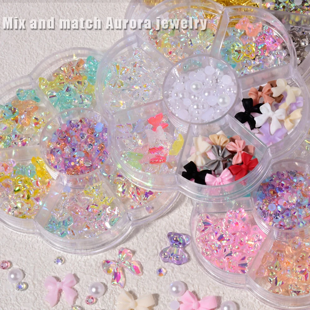 

Box Storage Butterfly Nail Charms Symphony Colorful Bear Lollipop Craft Accessories White Flower Nail Decorations For Girls Gift