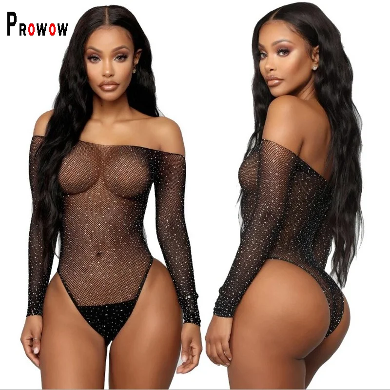 

Prowow Sexy Women Bodysuits Long Sleeve See Through Mesh Party Sleepwear Bling Diamond Skinny Tops Clothes Summer Bodycons