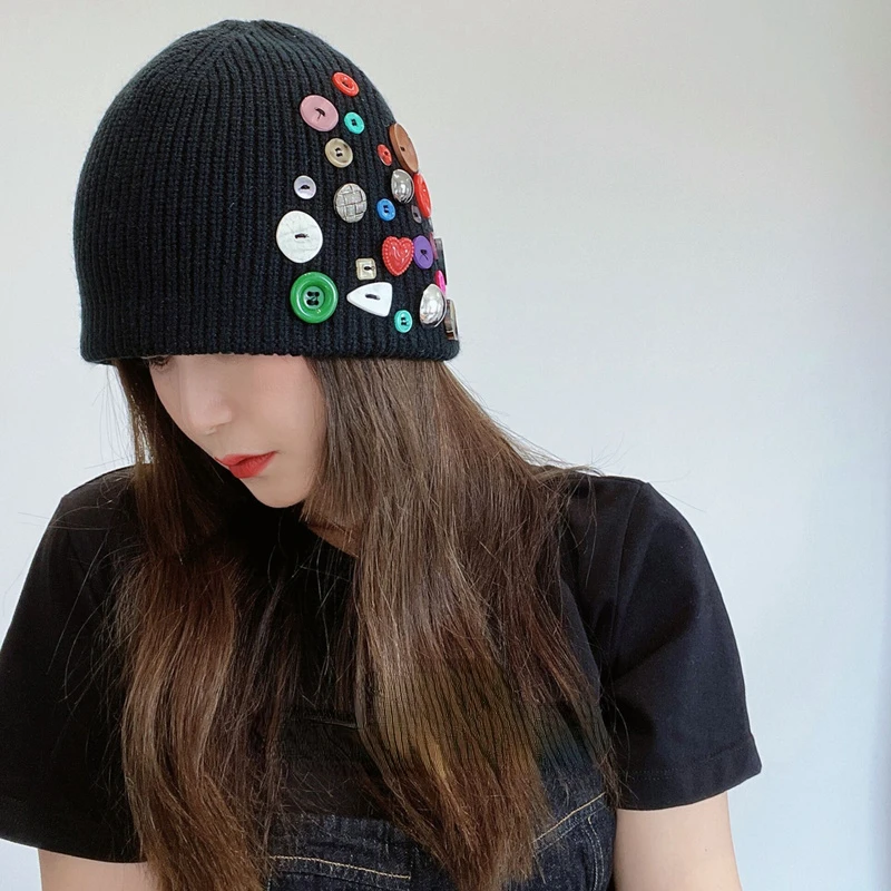 

Korean Designer Beanies Hat Colorful Button Knitted Cap Autumn and Winter Warm Hip-hop Cold Caps Men Personality Women's Hats