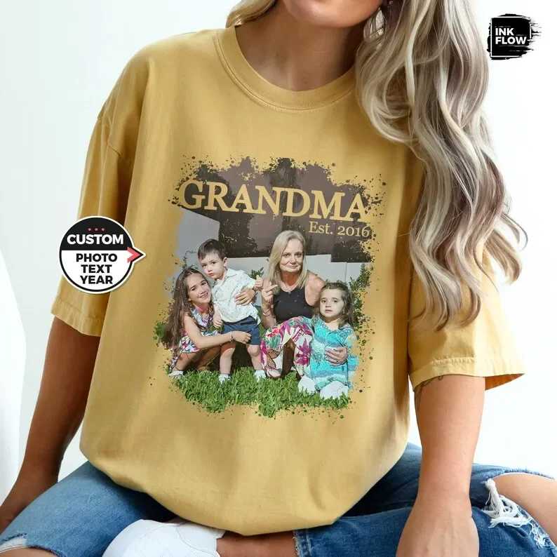 Custom Grandma Shirt Personalized Text Photo and Year Picture TShirt Memorial Tee Logo Top Comfort Col