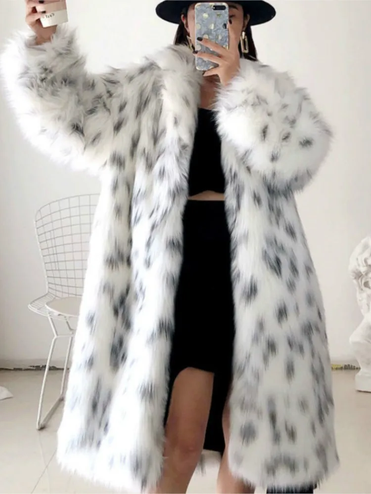 2022 Women Winter New Faux Fox Fur Coat Lady Casual Snow Leopard Print Fur Jacket Female Thick Warm Mid-long Plush Outerwear