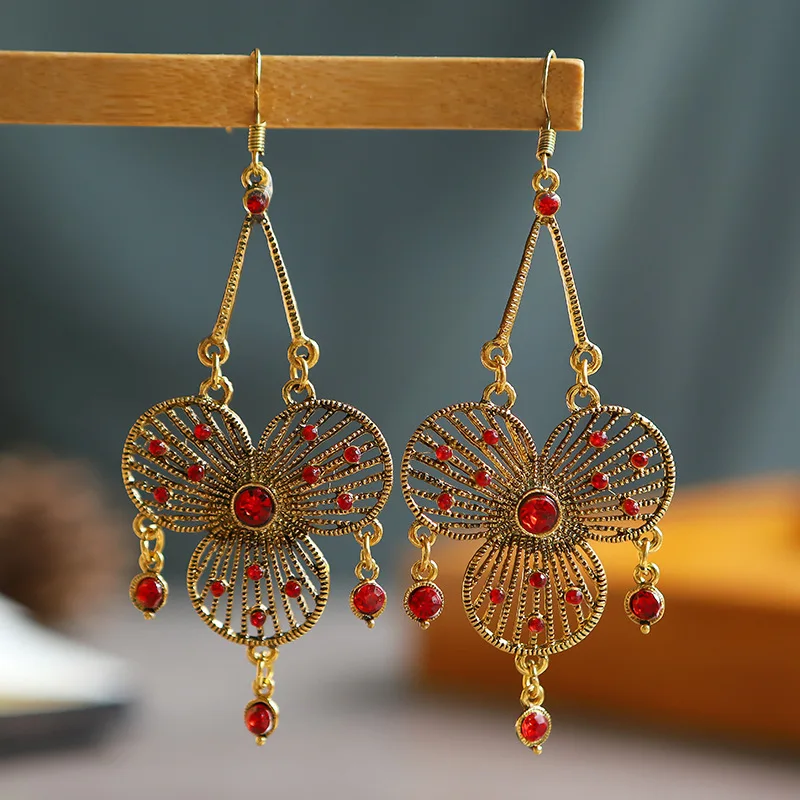 

New Earrings Exaggerate Ethnic Wind Flower Long Gold Earrings - Vintage European and American Earrings Korean Fashion