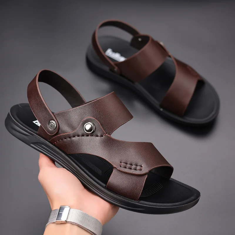 

New Summer Shoes Men Sandals Flat Soft Leather Mens Summer Holiday Shoes Brand Male Beach Sandals Non-slip Black A4624