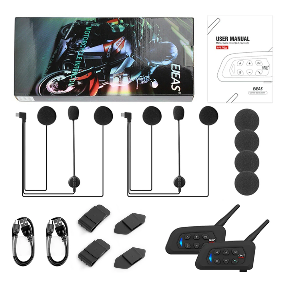 

EJEAS V4 Plus Мотоциклетный домофон Bluetooth Беспроводная гарнитура для шлема IP65 Водонепроницаемая FM-радио, групповое разговоры для 4 гонщиков 1500 м