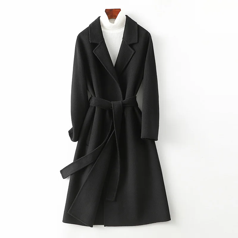 

Повседневное твидовое пальто, модное двустороннее кашемировое пальто средней длины для женщин, высококачественное приталенное черное шерстяное пальто, 2023