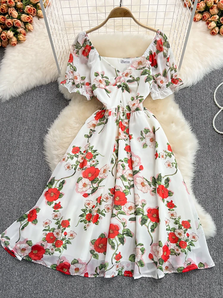 

Summer Women Sexy Floral Chiffon Dress Female Elegant V-Neck Short Sleeve High Waist A-Line Beach Vestido Casual Party Robe New