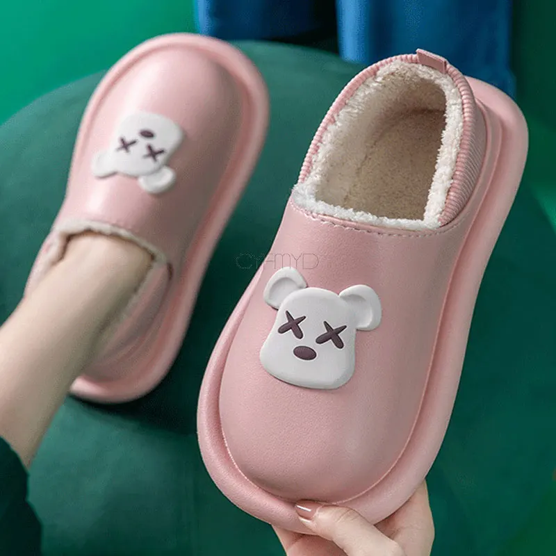 Leather Slippers for Women Cute Bear Water Proof Women Slippers Home Warm Indoor Winter Slippers Female Plush House Shoes Lovely