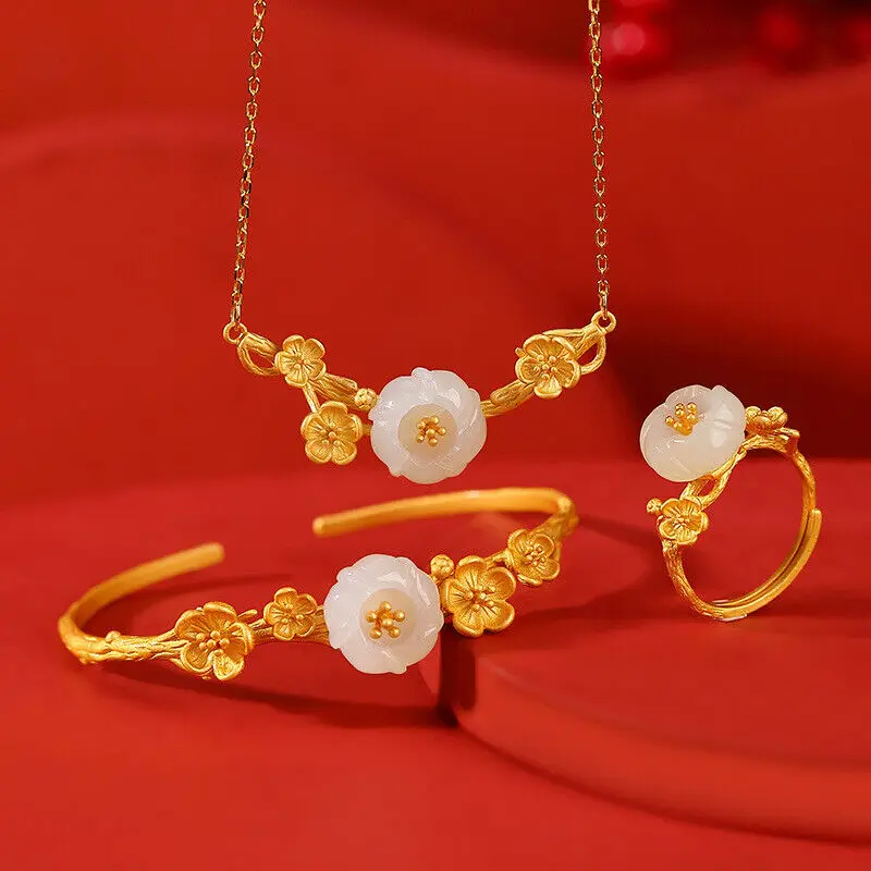 

Real 925 Sterling Silver Natural White Jade Flower Ring Bangle Jewelry Set