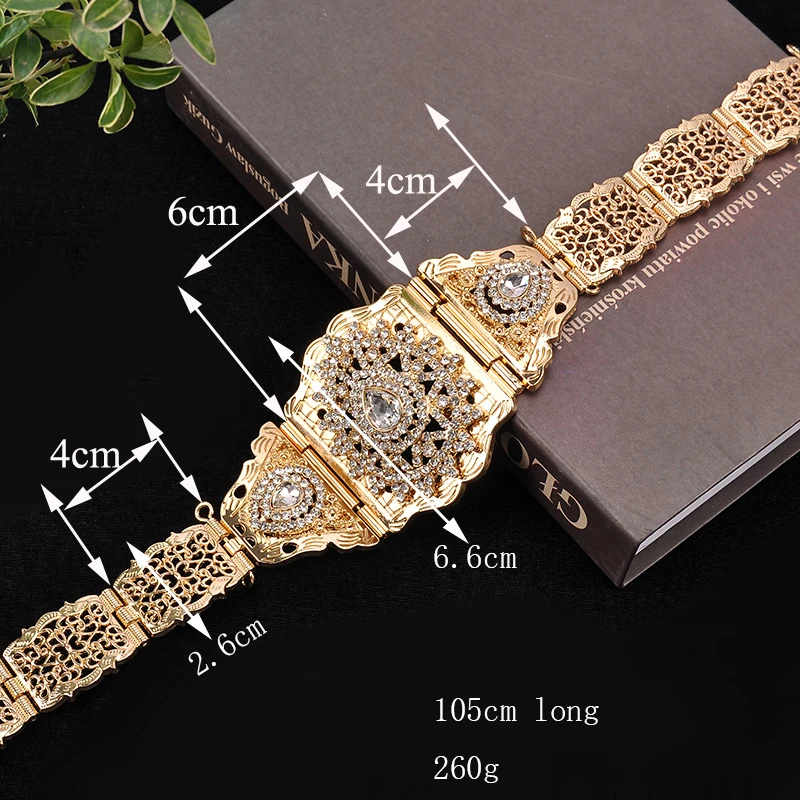 Arabian Wedding Jewelry Set Fashion Green Crystal Pendant Moroccan Metal Belt Imitation Pearl Earrings Necklace for Women,