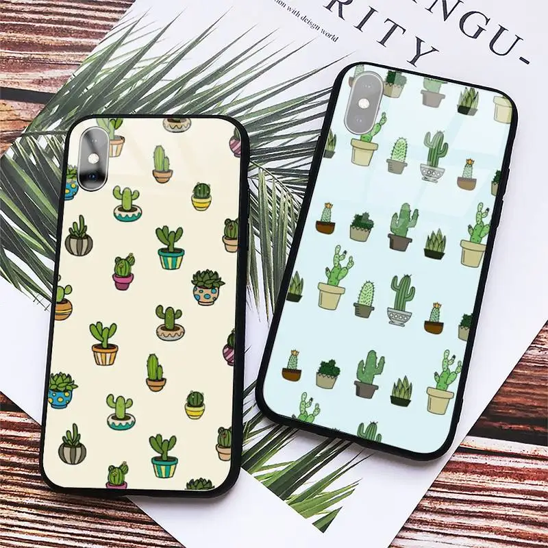 

Cactus green plant pattern Phone Case Tempered glass For iphone 11 12 13 PRO MAX mini 6 7 8 plus X XS XR