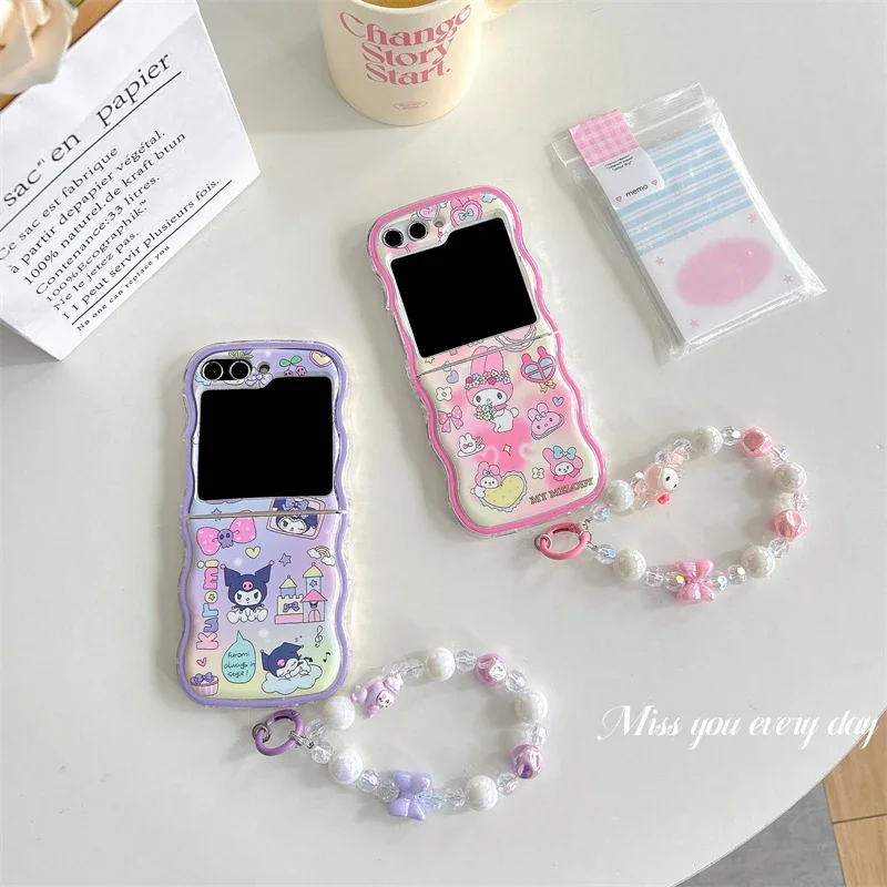 Милый мультяшный Sanrio Kuromi Melody Wave Frame чехол для телефона Samsung Galaxy Z Flip 6 5 мягкий из ТПУ