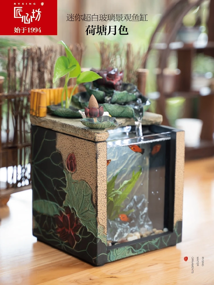 

Chinese style aquarium decoration box, circulating small fish tank, eco-friendly landscape decoration