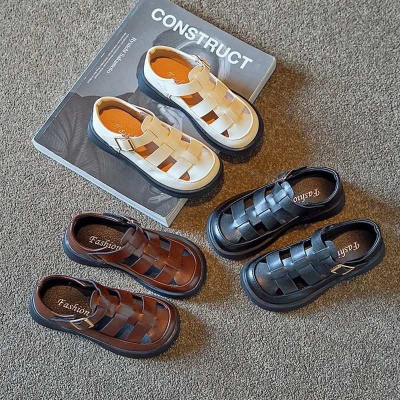 

2022 Spring New Girls Leather Shoes Princess Children Moccasin Shoes Baby Boys Black Summer School Sandals Korean Style Fashion