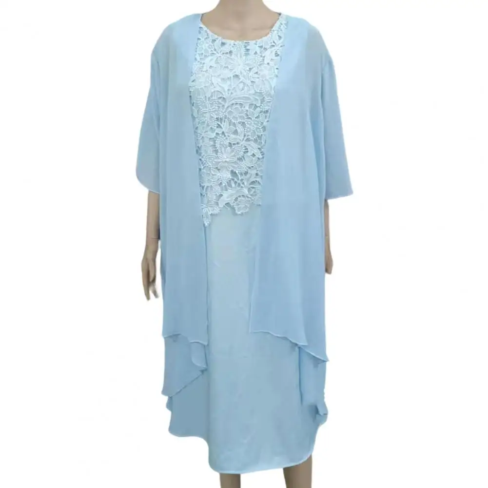 

2Pcs/Set Summer Dress Cardigan O-neck Vest Dress Suit Crochet Lace Stitching Holiday Dress Thin Chiffon Coat Set