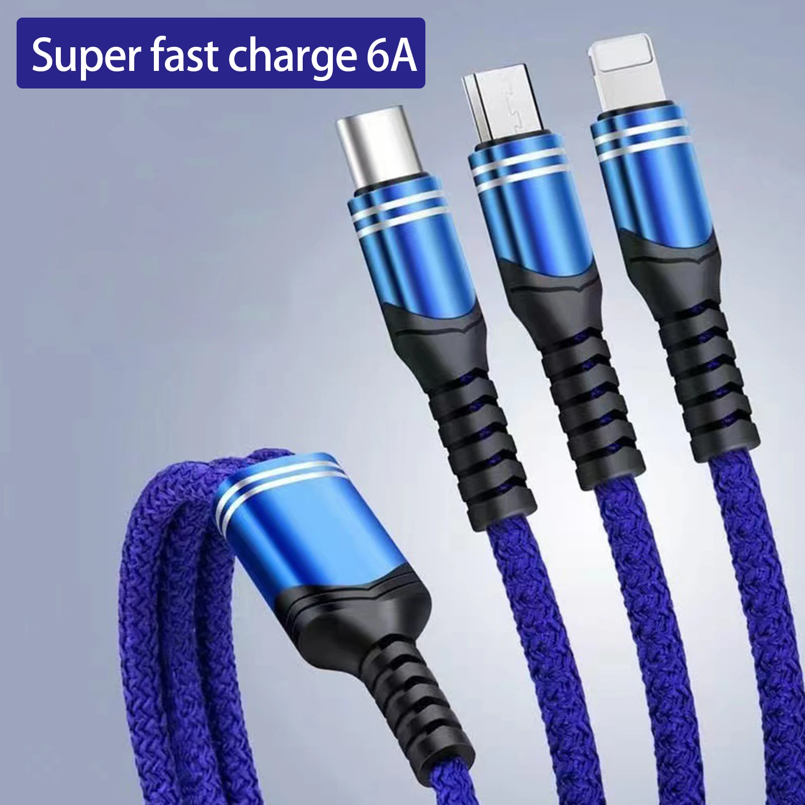 

6A USB Type C Cable Wire Mobile Phone Fast Charging Nylon Braided Cable Type-C Charger 3 in 1 Micro USB Cables for Android iOS