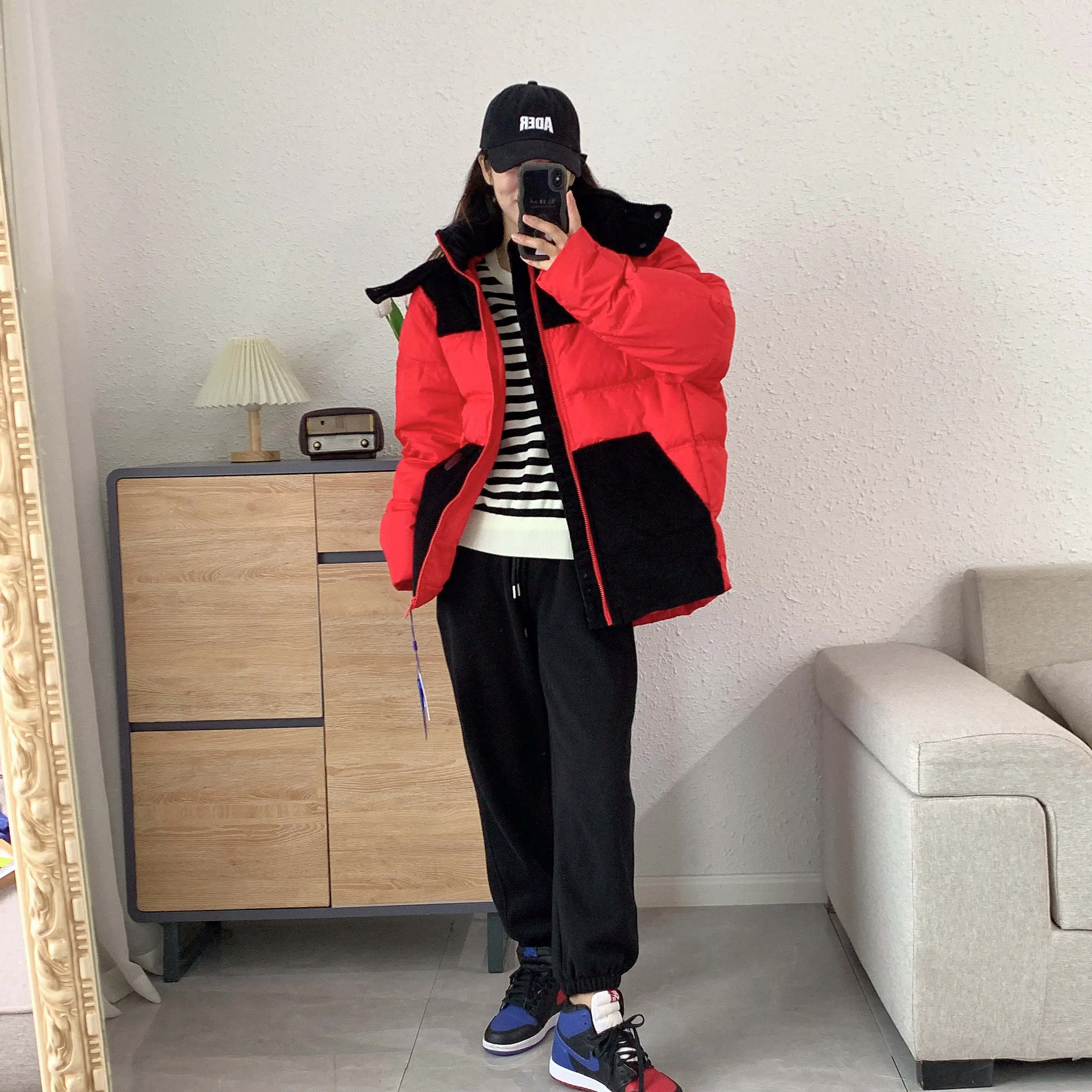 Korean high-quality winter down jacket simple cowhide splicing detachable hat men and women's thickened white duck down coat